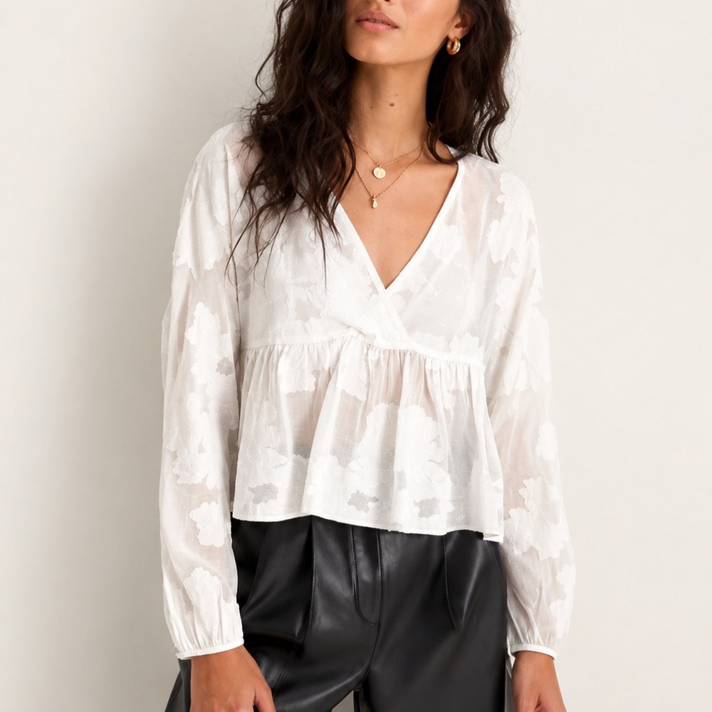 Aritzia Wilfred | Augustine Floral Semi Sheer Peplum Top in White